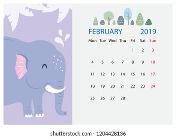 February 2019 calendar design in cute cartoon style.