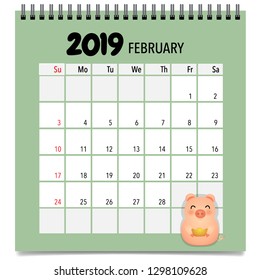 Kalenderseite Februar 2019. Vektorgrafik.