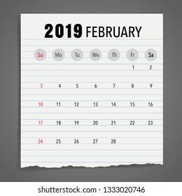 February 2019 calendar page. Vector illustration.