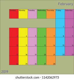 February 2019 Calendar Planer with specific color for each weekday and month color