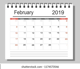 February 2019 Calendar Planner Design. Monthly scheduler. Week starts on Sunday. Vector illustrator.