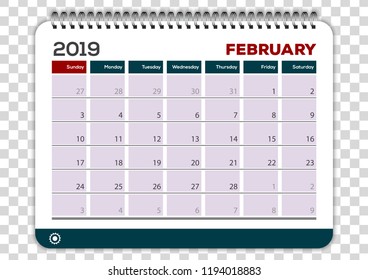 February 2019. Calendar planner design template. Week starts on Sunday. 