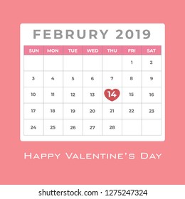 February 2019 calendar with red heart highlight at day 14 for valentine's day