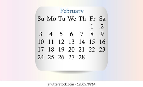 February 2019. Calendar 2019 vector design. Date on the curved stickers on the pastel background