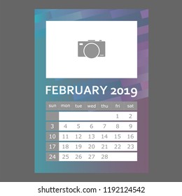 February 2019 calendar. Week starts sunday.  Layers grouped for easy editing illustration. For your design.