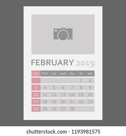 February 2019 calendar. Week starts sunday.  Layers grouped for easy editing illustration. For your design.