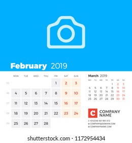 February 2019. Calendar for 2019 year. Week starts on Monday. 2 months on page. Vector design print template with place for photo and company information