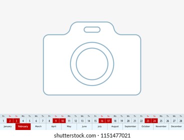 February 2019 for desk calendar, one line vector template calendar in English.