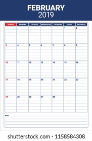 February 2019 desk calendar vector illustration, simple and clean design. 