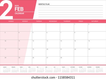 February 2019 desk calendar vector illustration, simple and clean design. 