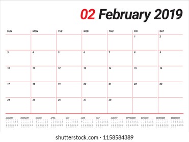February 2019 desk calendar vector illustration, simple and clean design. 