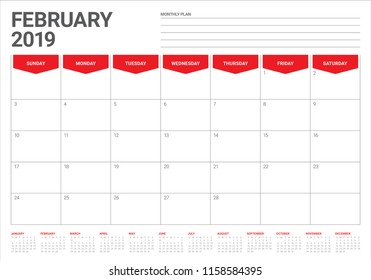February 2019 desk calendar vector illustration, simple and clean design. 