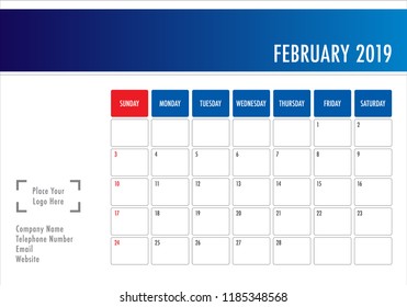 February 2019 desk calendar vector illustration, simple and clean design. 