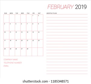 February 2019 desk calendar vector illustration, simple and clean design. 