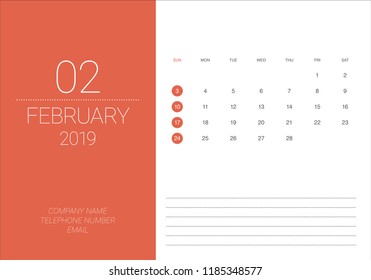 February 2019 desk calendar vector illustration, simple and clean design. 