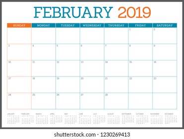 February 2019 desk calendar vector illustration, simple and clean design. 