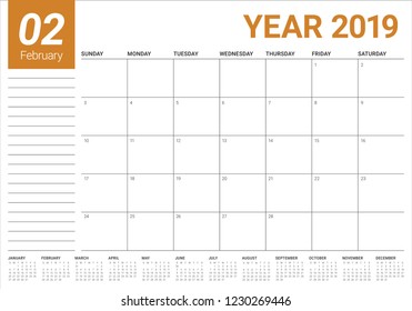 February 2019 desk calendar vector illustration, simple and clean design. 