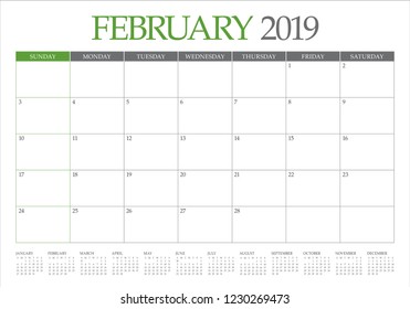 February 2019 desk calendar vector illustration, simple and clean design. 