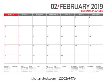 February 2019 desk calendar vector illustration, simple and clean design. 