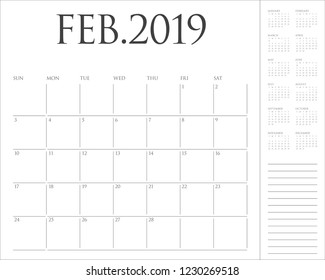 February 2019 desk calendar vector illustration, simple and clean design. 