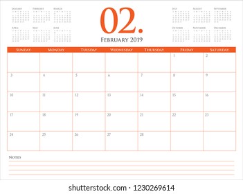 February 2019 desk calendar vector illustration, simple and clean design. 