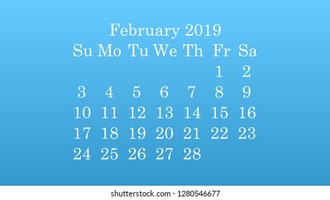February 2019. Desktop wallpaper Calendar 2019 blue background, white numbers