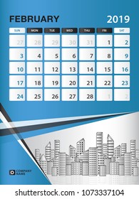 FEBRUARY 2019 Month template, Desk Calendar for 2019 year, week start on sunday, planner, stationery, Blue Concept, vertical layout vector illustration
