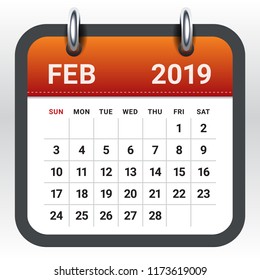 February 2019 monthly calendar vector illustration, simple and clean design. 