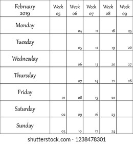 February 2019 Planner with number for each Weak