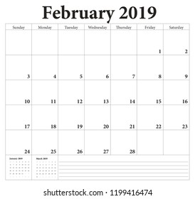 February 2019 -planning calendar. Weeks start on Sunday.