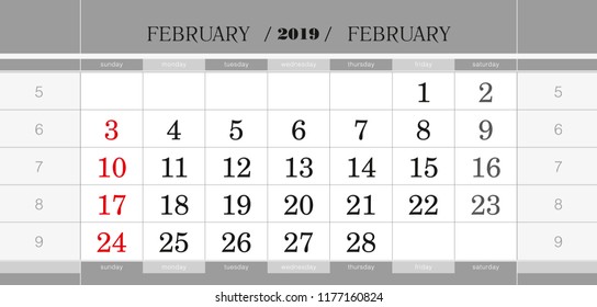 February 2019 quarterly calendar block. Wall calendar in English, week starts from Sunday. Vector Illustration.