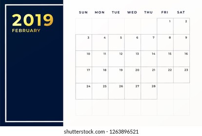 February 2019 schedule template. Week starts on sunday empty calendar month.