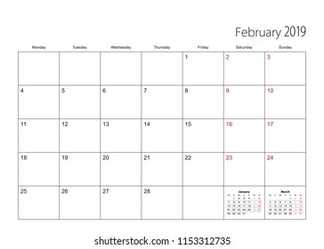February 2019 simple calendar planner, week starts from Monday.
