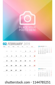 February 2019. Wall calendar planner template. Vector design print template with place for photo. Week starts on Monday. 3 Months on page