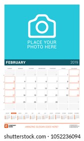 February 2019. Wall calendar for 2019 year. Vector design print template with place for photo and year calendar. Week sarts on Sunday