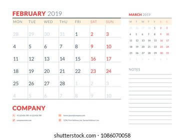 February 2019. Week starts on Monday. Calendar planner stationery design template. Vector illustration