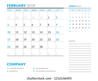 February 2019. Week starts on Sunday. Calendar planner stationery design template. Vector illustration