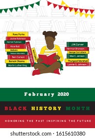 February 2020 Black history month vector illustration. Honoring the past inspiring future. Girl is reading biographical and historical books about significant African Americans.Vertical poster, banner