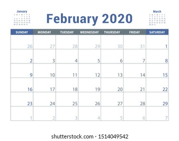 February 2020 calendar. English planner. Сolor vector template. Week starts on Sunday. Business planning. New year calender. Clean minimal table. Simple design