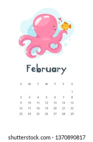 February 2020 calendar page. Vector cartoon illustration with cute pink octopus character and fish. Template for print. Vertical layout. White background.