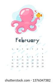 February 2020 calendar page. Vector cartoon illustration with cute pink octopus character with fish. Template for print. Vertical layout. White background.