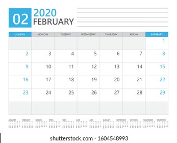 FEBRUARY 2020 calendar planner set for template corporate design week start on Sunday. desk calendar 2020 design, simple and clean design, 12 months yearly calendar set vector layout