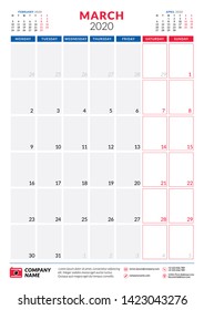 February 2020. Calendar planner stationery design template. Portrait orientation. Week starts on Monday