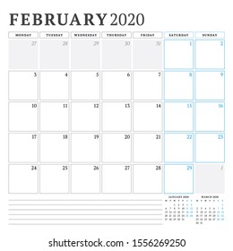 February 2020. Calendar planner stationery design template. Vector illustration. Week starts on Monday