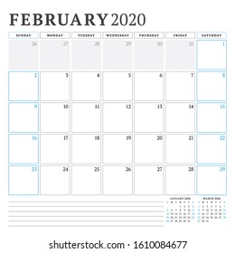February 2020. Calendar planner stationery design template. Vector illustration. Week starts on Sunday