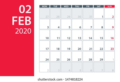 February 2020 Calendar Planner - vector illustration. Template. Mock up.