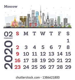 February 2020 Calendar Template with Moscow City Skyline. Vector Illustration. Template for Print. Week starts from Sunday.