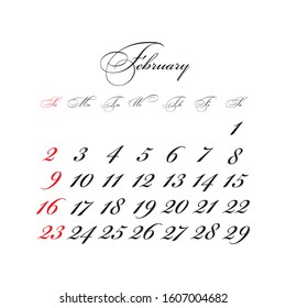 February 2020 Calendar vector with calligraphic font