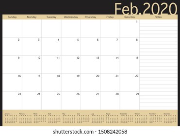 February 2020 desk calendar vector illustration, simple and clean design. 
