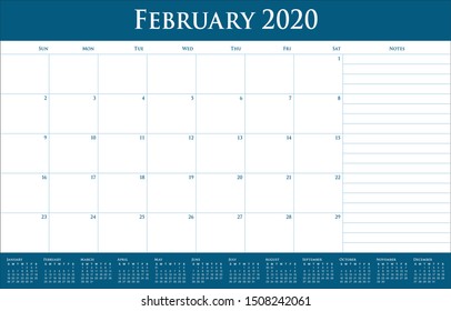 February 2020 desk calendar vector illustration, simple and clean design. 
